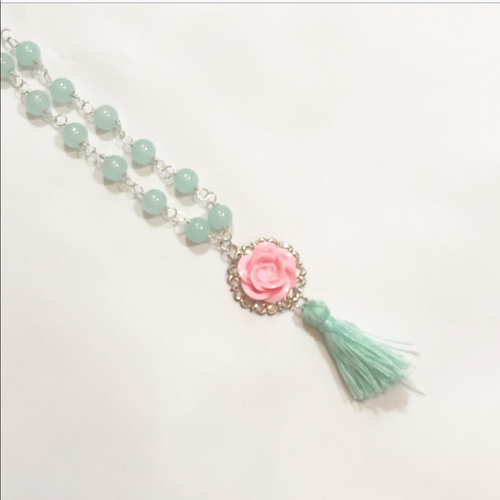 LONG SILVER, MINT GREEN & PINK TASSEL NECKLACE